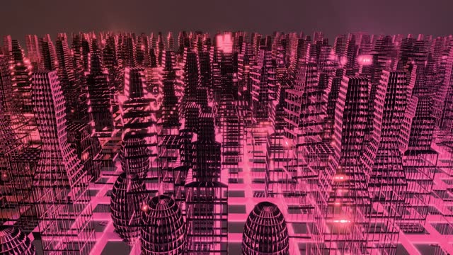 Cyberpunk city abstract seamless loop background. Wireframe buildings. Pink color. Neon metaverse futuristic concept. Future hi-tech city. Infinite time lapse. Sci-fi concept, 3d rendering