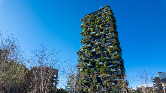 Photo of a skycrsper with planta on balconies. Bosco verticale , Milan, Italy