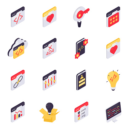 Here is a set of programming, useful for app development, app design and all graphics projects. Isometric icons on white background are displaying conceptual visuals which are easy to edit and modify.