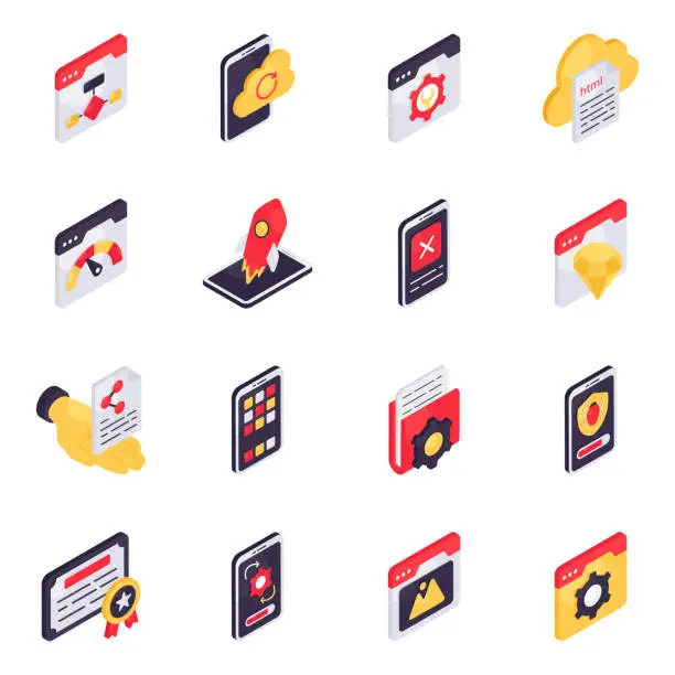 Vector illustration of Set of Web and Programming Isometric Icons