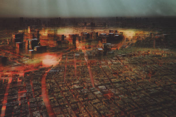 Destroyed and flooded city after alien invasion. 3D generated image.