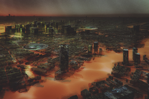 Alien UFOs flying over destroyed and flooded city. 3D generated image.