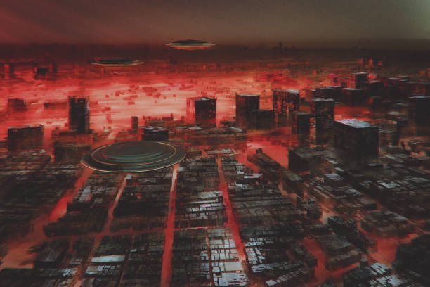 Alien UFOs flying over destroyed and flooded city. 3D generated image.