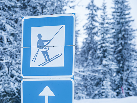 A blue and white skilift road sign stands prominently against a backdrop of snow-covered trees in Sweden, guiding skiers to the nearby lifts under a wintery sky.