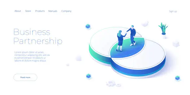 Vector illustration of Business merger, contract or entrepreneur agreement concept in isometric vector illustration with male and female businessmen shaking hands. Web banner layout template