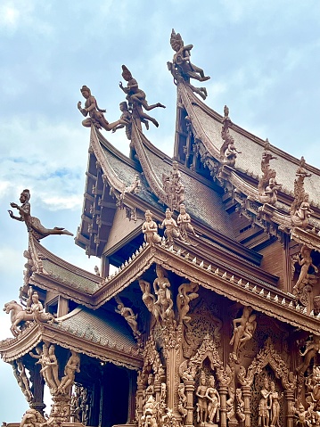 The Sanctuary of Truth exterior in Pattaya, Thailand. The Sanctuary is made entirely of wood.