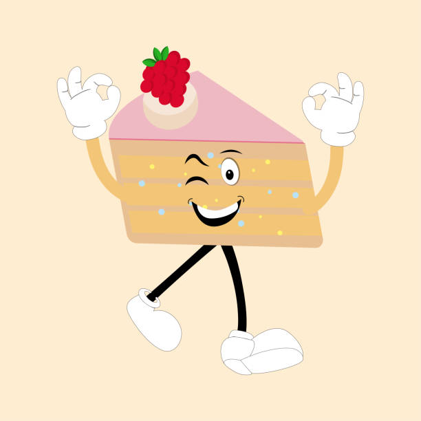 Groovy cake sliced cartoon mascot character Groovy cake sliced cartoon mascot character with smile. Funny retro birthday cake slice in sneakers, confectionery mascot, Graphic element for website drawing of a happy birthday smiley emoticon stock illustrations