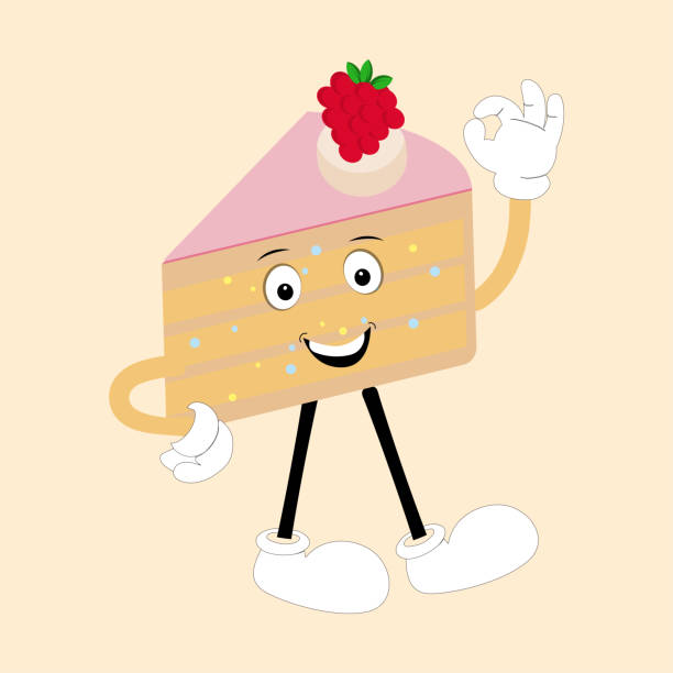 Groovy cake sliced cartoon mascot character Groovy cake sliced cartoon mascot character with smile. Funny retro birthday cake slice in sneakers, confectionery mascot, Graphic element for website drawing of a happy birthday smiley emoticon stock illustrations