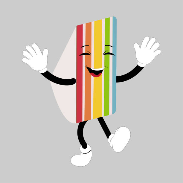 Groovy cake sliced cartoon mascot character Groovy cake sliced cartoon mascot character with smile. Funny retro birthday cake slice in sneakers, confectionery mascot, Graphic element for website drawing of a happy birthday smiley emoticon stock illustrations