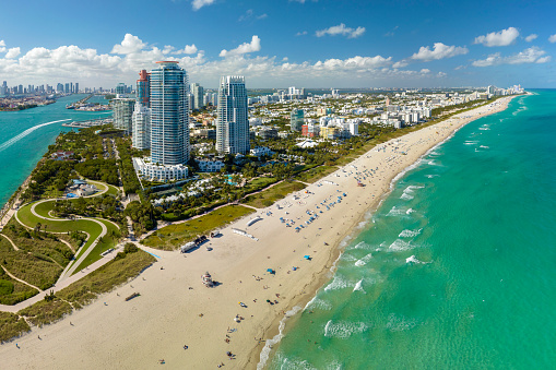 Panoramic view of Miami Beach urban landscape. South Beach high luxurious hotels and apartment buildings. Travel destination in the USA.