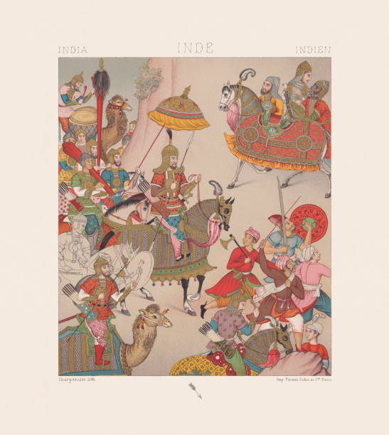 Bahur (1483-1530), 1st Mughal emperor of India, chomolithograph, published 1888 War costumes of the 16th century century. This depiction is a detail from a painting depicting Bahur (1483 - 1530), the first Mughal emperor of India, setting out at the head of his army to capture the Mazindera province of Persia. Facsimile (chromolithograph) after a miniature painting from the book "Le Costume Historique (Historical Costume)", published by Albert Charles Auguste Racinet, Libraire Firmin-Didot et Cie, Paris, in 1888. mughal empire stock illustrations