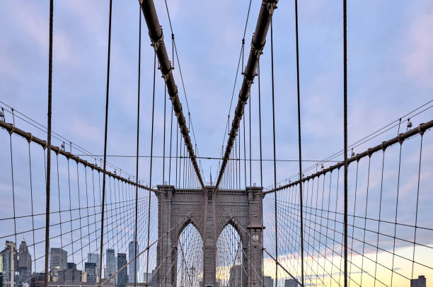 istock brooklyn bridge suspension cables detail (hudson river between manhattan and downtown dumbo) at sunset, blue hour, stone structure historic landmark tourist tourism destination travel 2136056521
