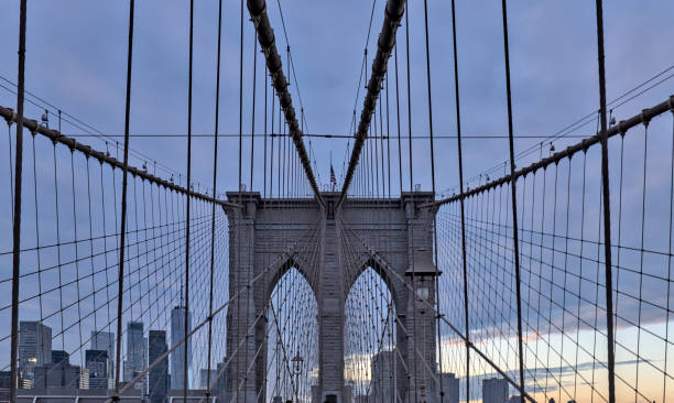 istock brooklyn bridge suspension cables detail (hudson river between manhattan and downtown dumbo) at sunset, blue hour, stone structure historic landmark tourist tourism destination travel 2136058098