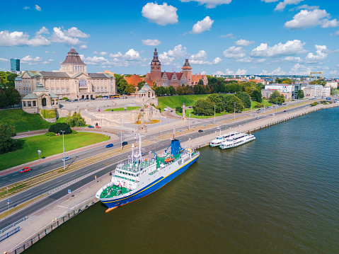 Aerial view of Szczecin city with Chrobry Embankment summer Poland