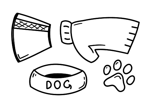 Hand drawn set of Pets shop and veterinary doodle. Accessories for dogs in sketch style: bowl, toys, collar, food, kennel. Vector illustration isolated on white background.