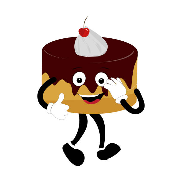 Groovy cake sliced cartoon mascot character Groovy cake sliced cartoon mascot character with smile. Funny retro birthday cake slice in sneakers, confectionery mascot, Graphic element for website drawing of a happy birthday smiley emoticon stock illustrations