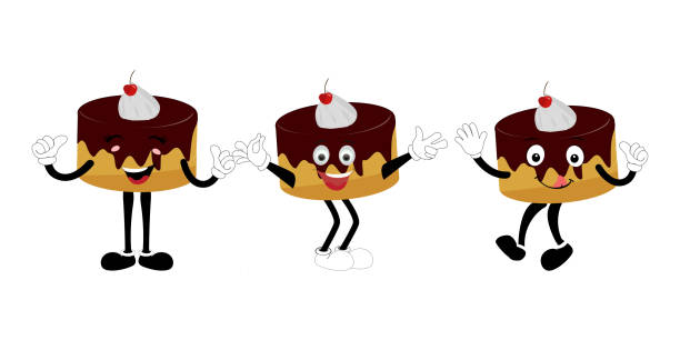Groovy cake sliced cartoon mascot character Groovy cake sliced cartoon mascot character with smile. Funny retro birthday cake slice in sneakers, confectionery mascot, Graphic element for website drawing of a happy birthday smiley emoticon stock illustrations