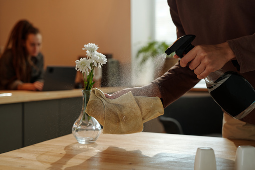 Hand of young unrecognizable woman holding bottle of sanitizer and spraying it on duster before cleaning table after cafe renovation