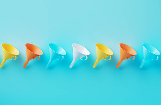 istock Colorful Funnels In A Row On Blue Background 2136174734