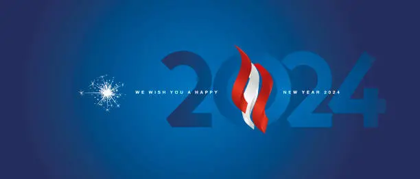 Vector illustration of Happy new year 2024 event. Austria 3d flag ribbon flame over numbers of 2024 vector illustration on blue background