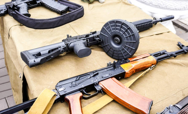 istock Russian Kalashnikov assault rifle with a drum magazine, AK-74 assault rifle 2136178411