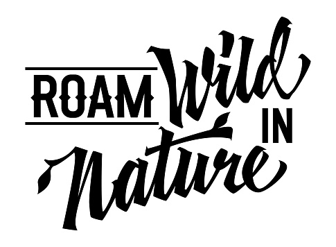 Roam Wild in Nature, bold lettering design. Isolated typography template with dynamic calligraphy. Encourages wandering freely the untamed beauty of nature. Suitable for web, print, fashion