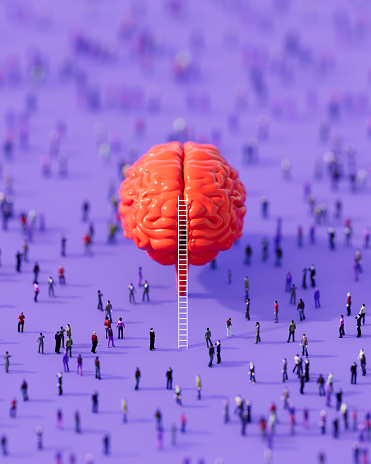 Human crowd surrounding a brain object and white ladder on purple background. Vertical composition with copy space.