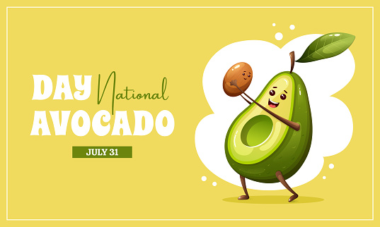 Avocado vector illustration. National avocado day. July 31. Holiday concept. Template for banner, web page, poster with text caption.