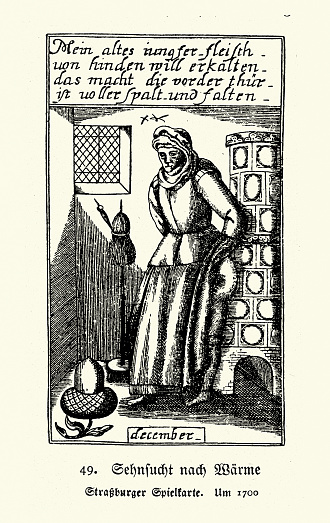 Vintage illustration, Woman trying to keep warm winter, German playing card 1700