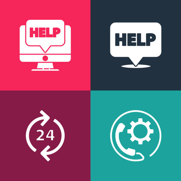 istock Set pop art Telephone 24 hours support, , Speech bubble with text Help and Computer monitor and help icon. Vector 2136227565
