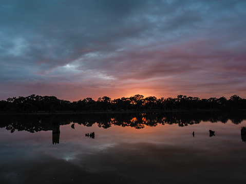 Sunset afterglow on reflection lake