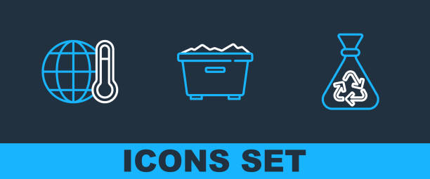 Set line Garbage bag with recycle Global warming and Trash can icon. Vector.