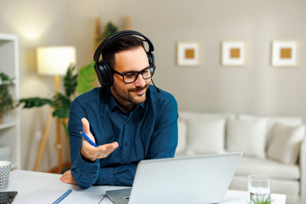 istock Young business man has a conference video call 2136267592