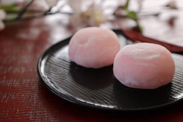 istock Soft round rice cake stuffed with sweet bean jam in a glass bowl 2136270201