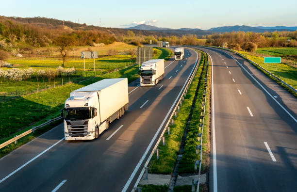 istock Convoy of white transportation trucks 2136303649