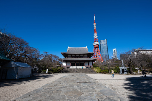 Tokyo, Japan - March 21 2024: View of Zojoji Temple and Tokyo Tower.