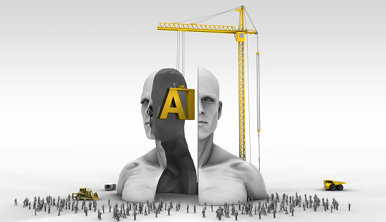 Instilling ai technology in society sometimes takes a big show. metaphorical illustration of placing an idea in minds. / You can see the animation movie of this image from my iStock video portfolio. Video number: 2125510560