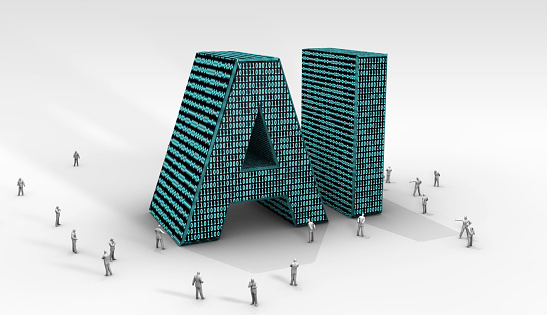 People who gather around letter AI structure with a passion for earning more and investing. The great change in artificial intelligence continues to surprise people. / You can see the animation movie of this image from my iStock video portfolio. Video number: 2132207620
