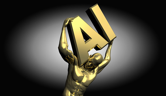 The Atlas statue made of gold, bearing the Ai logo on its back, launches a new gold rush era. In its heyday, will artificial intelligence create a new workload rather than an opportunity? While the rapidly developing artificial intelligence technology increases the risk of unemployment, it also offers job opportunities in new and harsher conditions. / You can see the animation movie of this image from my iStock video portfolio. Video number: 2124445136