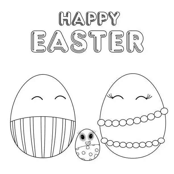 Vector illustration of Childrens coloring books. A happy anthropomorphic family of Easter eggs.