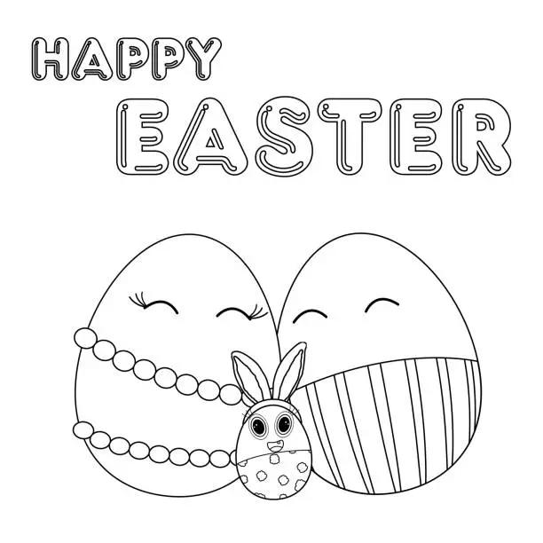 Vector illustration of Childrens coloring books. Happy anthropomorphic easter egg family hugging.