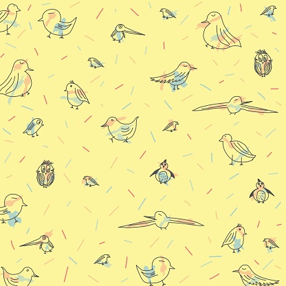 The image consists of a print with hand-drawn birds and unfilled lines. In soft colors