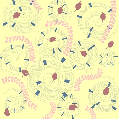 The image consists of an abstract background in soft colors, it has leaves in pink tones, and circles in dull blue tones