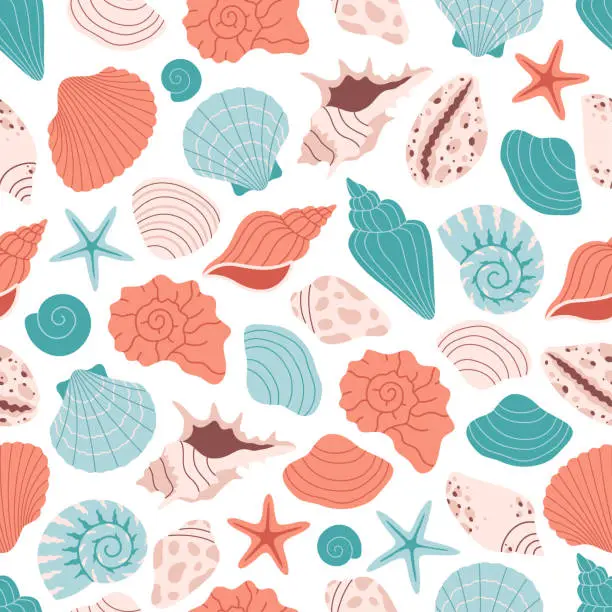 Vector illustration of Seamless pattern with sea shells, mollusks, sea ​​snails. Tropical beach shells. Summer seamless pattern. Vector illustration in flat style