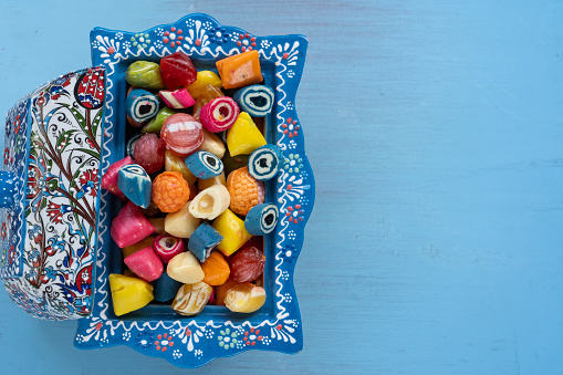 Colorful Candy and Chocolate in the Blue Background Photo, Ramadan Kareem Concept Photo, Üsküdar Istanbul, Turkiye (Turkey)