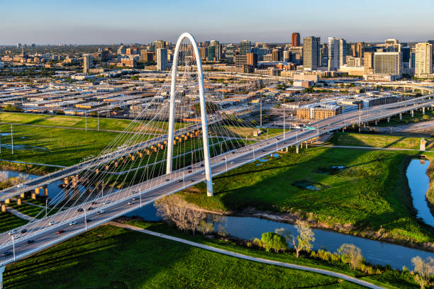 The Margaret Hunt Hill Bridge spanning the Trinity River in downtown Dallas Texas shot via helicopter from an altitude of about 400 feet.