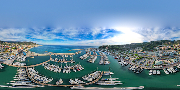 Aerial view above the Marina and Yachts and boats of the mediterranean Italian village of Varazze in north Italy