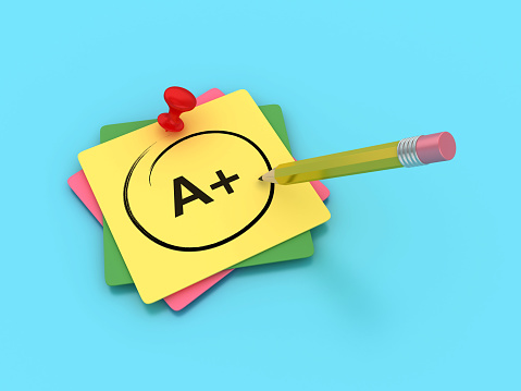 Sticky Note with A+ Word and Pencil - Colored Background - 3D Rendering