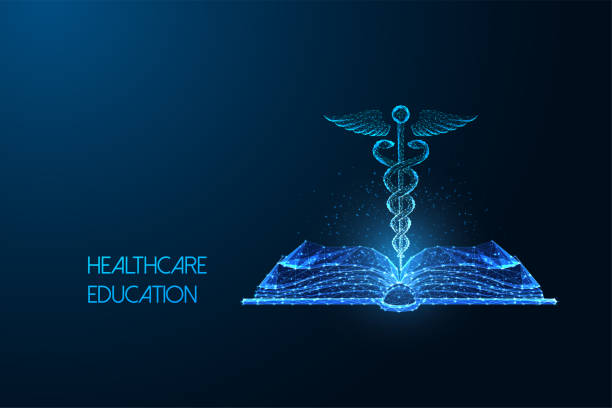 Healthcare education futuristic concept with open book and caduceus symbol on dark blue background Healthcare education futuristic concept with open book and caduceus symbol in glowing polygonal style on dark blue background. Modern abstract design vector illustration. Innovative medicine learning. caduceus medical symbol backgrounds stock illustrations