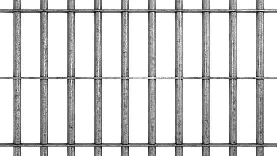 Old dirty metal prison bars. Isolated iron cage background. 3D rendering